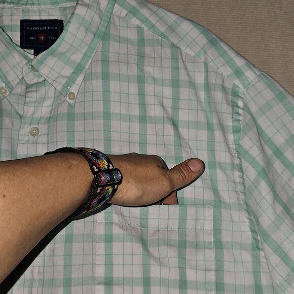 Saddlebred Big Tall Shirt Men 2X Button White Green Plaid Short Sleeve Fresh - Picture 6 of 7
